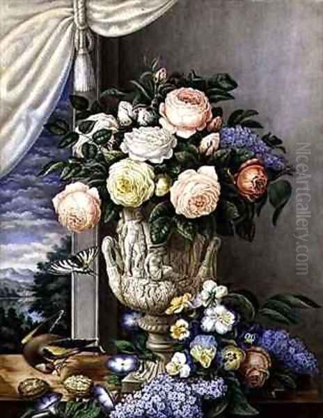 Flowers in a vase on a stone ledge Oil Painting by L. Cugnier