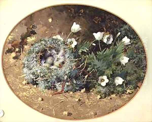 Birds Nest with White Harebells Oil Painting by William Cruikshank