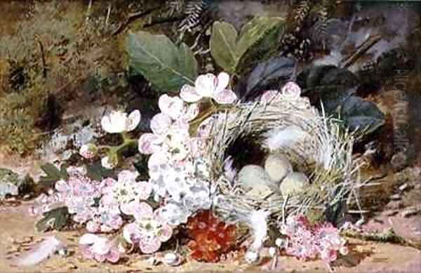 Still Life of Birds Nest with Primulas Oil Painting by William Cruikshank