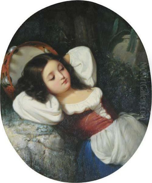 Reclining Tambourine Girl Oil Painting by Louis Lang