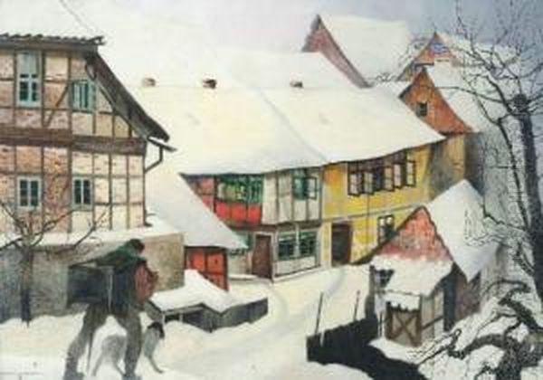 Dorp In De Sneeuw Met Orgelman Oil Painting by Maurice Langaskens