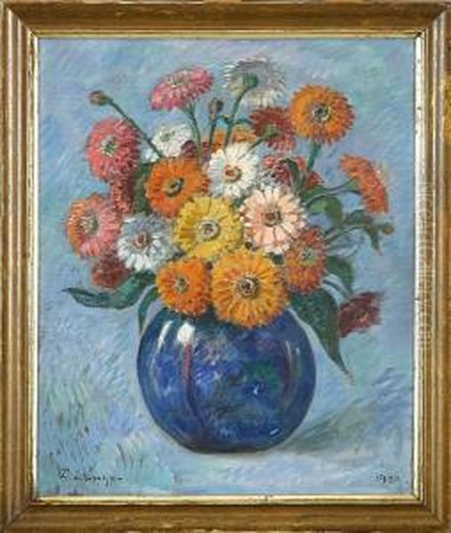 Varius Flowers In A Blue Vase Oil Painting by Frederik Lange