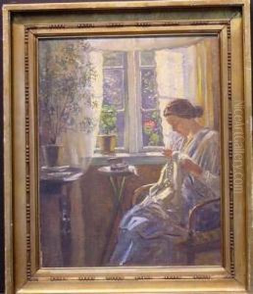 Woman Sewing Beside A Window Oil Painting by Frederik Lange