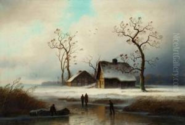 Winterlandschaft Mit Personen Auf Dem Eis Oil Painting by Gustav Johann Lange