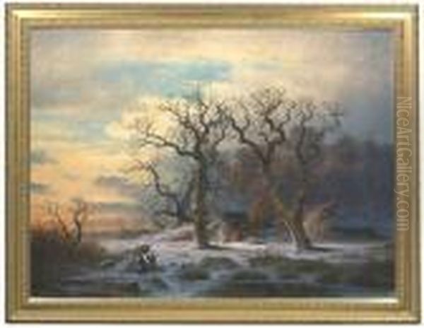 Wintry Landscape At Sunset With A Charburner's Hut Oil Painting by Gustav Johann Lange