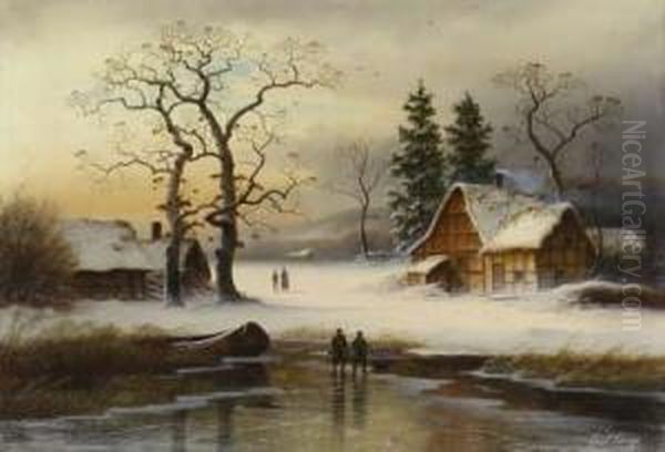 Abendstimmung Uber Winterlandschaft Mit Flusslauf Und Jagern Oil Painting by Gustav Johann Lange