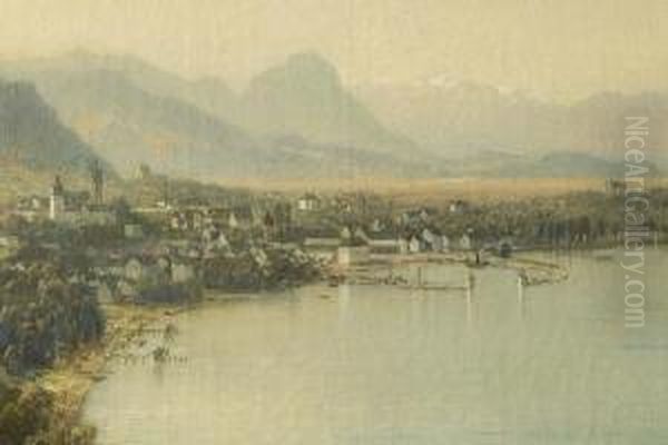 Bodensee-landschaft Mit Stadt Und Alpen-panorama Oil Painting by Julius Lange