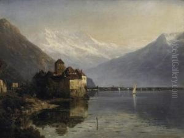 Chateau Chillon On The Lake In 
Genf. In The Background A View Onto The Rhone Valley. Signed And Dated 
Lower Left: Julius Lange 1871 Oil Painting by Julius Lange