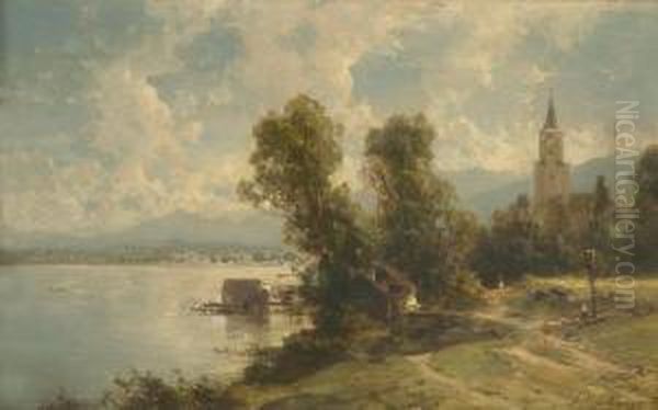 Bei Gollenshausen Am Chiemsee. Oil Painting by Julius Lange