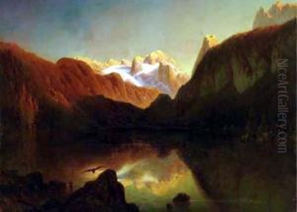 View Of A Lake In An Alpine Landscape Oil Painting by Julius Lange