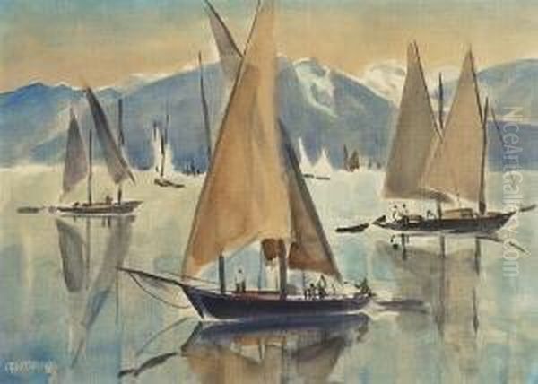 Segelboote Am Gebirgssee. Oil Painting by Otto Lange