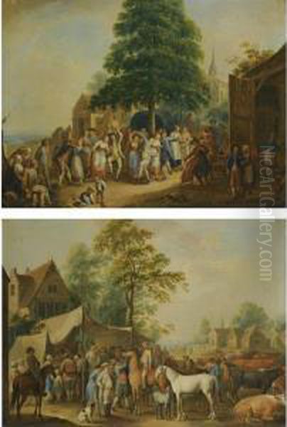 A Village Scene With A Livestock Fair And A Church In The Background Oil Painting by Dirck Langendijk