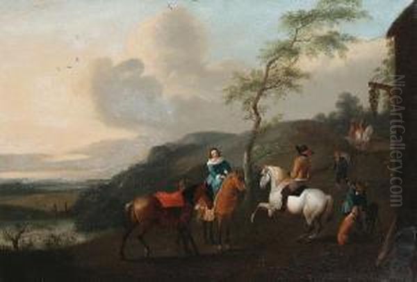 An Elegant Hunting Party Before An Inn Oil Painting by Dirck Langendijk