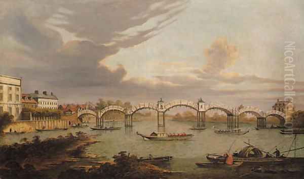 View of Hampton Court Bridge, with boats on the River Thames and King Henry VIII's Chapel beyond Oil Painting by (Giovanni Antonio Canal) Canaletto