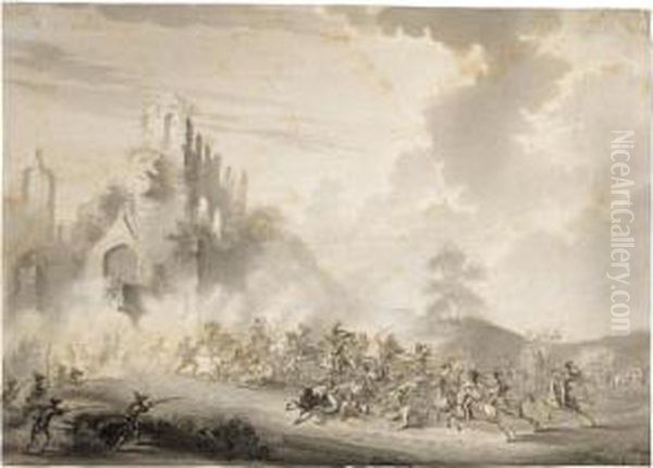 A Cavalry Skirmish Near Ruins Oil Painting by Dirck Langendijk