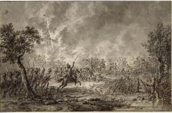 Infantry And Cavalry Fighting Near A Burning Windmill Oil Painting by Dirck Langendijk