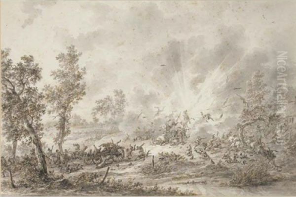 A Military Convoy Surprised By An Explosion Oil Painting by Dirck Langendijk