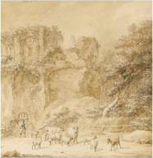 Landscape With Classical Ruins And A Shepherd With His Herd Oil Painting by Dirck Langendijk