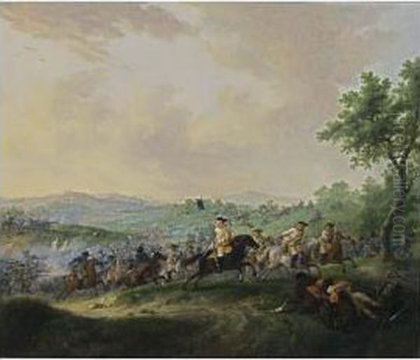 A Cavalry Battle Scene In A Hilly Landscape With Troops Retreating Oil Painting by Dirck Langendijk