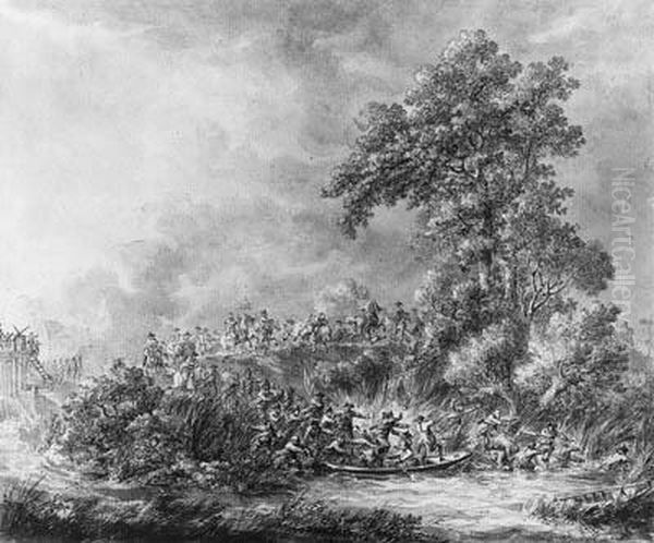 A Battle Scene With Cavalrymen And Infantry By A Waterway Oil Painting by Dirck Langendijk