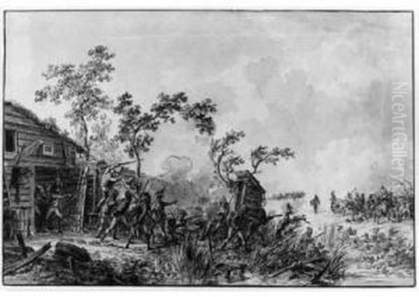 A Battle Scene With French Infantry Defending A Barn Oil Painting by Dirck Langendijk