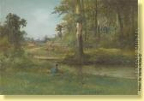 Pecheur Au Bord De La Riviere Oil Painting by Henri Langerock