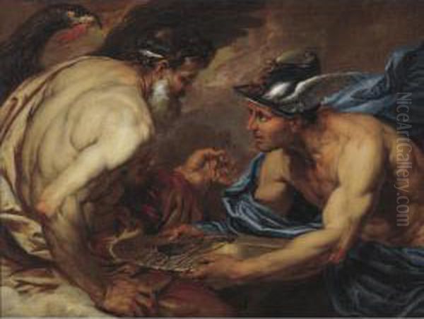 Mercury Presenting Thunderbolts To Jupiter Oil Painting by Giovanni Battista Langetti