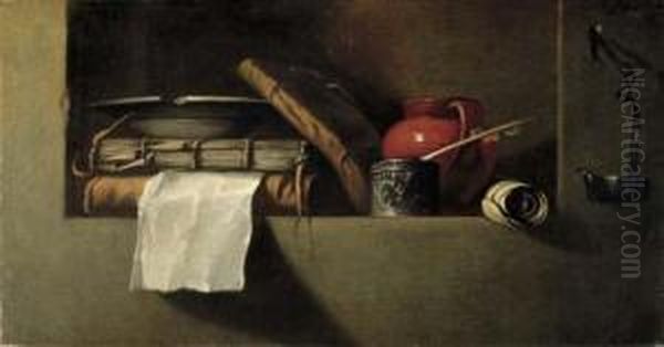 Books, A Plate, An Earthenware 
Pitcher, An Ink Well And Quill In A Niche With An Oil Lamp On The Wall 
Nearby Oil Painting by Giovanni Battista Langetti