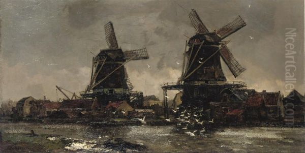 Two Windmills Along A River Oil Painting by Frans Langeveld