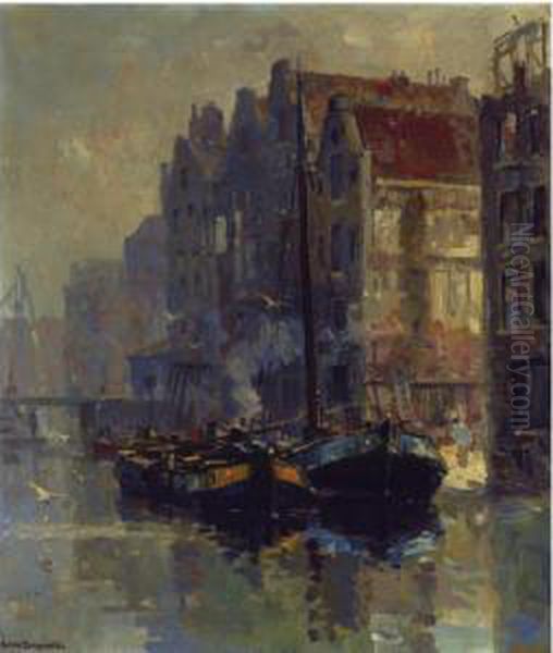 Moored Boats At The Back Of The Zeedijk, Amsterdam Oil Painting by Frans Langeveld