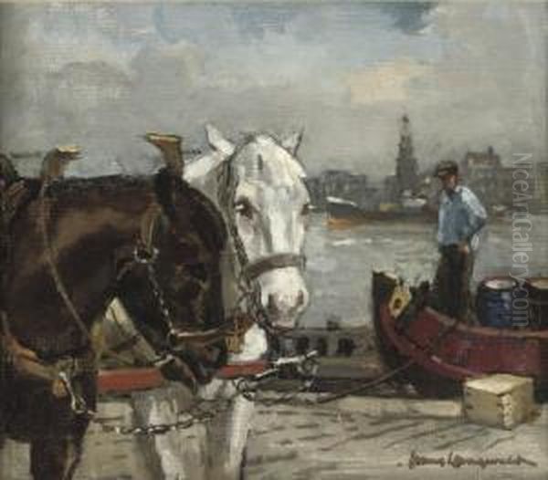 Horses On The Quayside With The Haringspakkerstoren Beyond, Amsterdam Oil Painting by Frans Langeveld