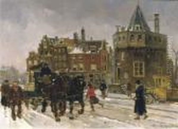 The Prins Hendrikkade By The Schreierstoren: Amsterdam In Winter Oil Painting by Frans Langeveld