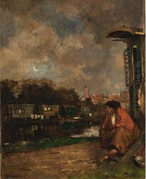 Woman Near The Waterside With The Church Of Dordrecht In The Background Oil Painting by Frans Langeveld