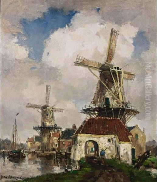 Windmills Along A Waterway Oil Painting by Frans Langeveld