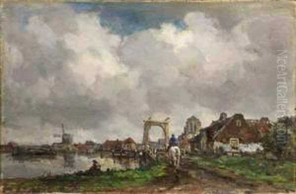 A Horseman Crossing A Drawbridge, A Town Beyond Oil Painting by Frans Langeveld