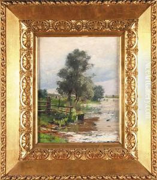 Jaskolki Nad Stawem, 1898 R. Oil Painting by Carl Langhammer