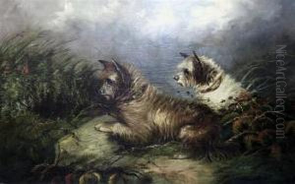 Terriers Rabbiting Oil Painting by J. Langlois