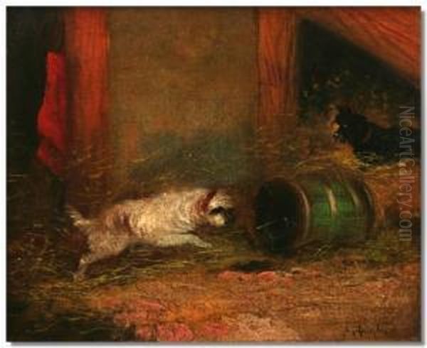 Terriers With A Barrel In A Barn And Terriers Playing Oil Painting by J. Langlois