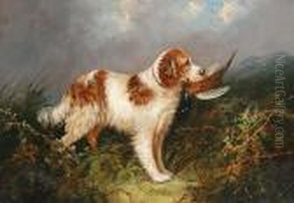 A Setter With A Pheasant; Two Dogs In Astable Oil Painting by J. Langlois