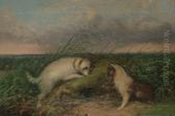 Terriers In The Countryside; Terriers In The Barn. Oil Painting by J. Langlois