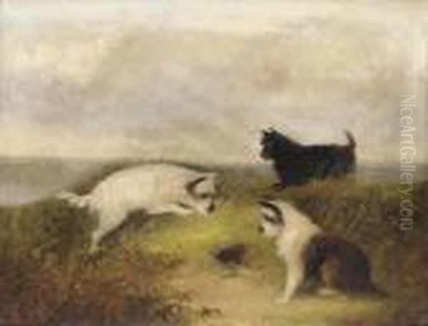 Terriers Ratting Oil Painting by J. Langlois