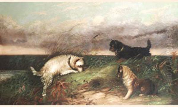 Terriers Rabbiting Oil Painting by J. Langlois