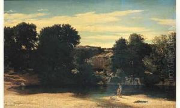 < Pecheur Au Bord Du Lac. >. Oil Painting by Felix Hippolyte Lanoue