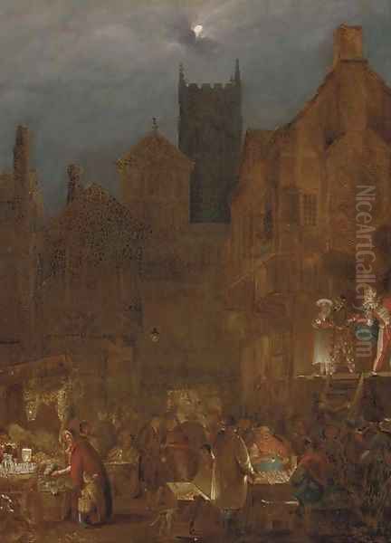 Figures in a moonlit market before an open theatre Oil Painting by Condy, Nicholas Matthews