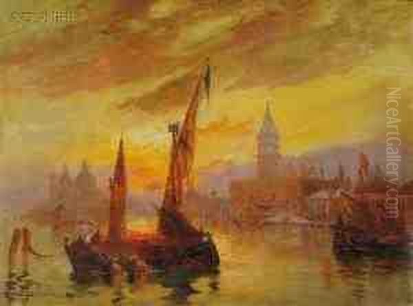 Sunset In The Harbor Oil Painting by Walter Franklin Lansil