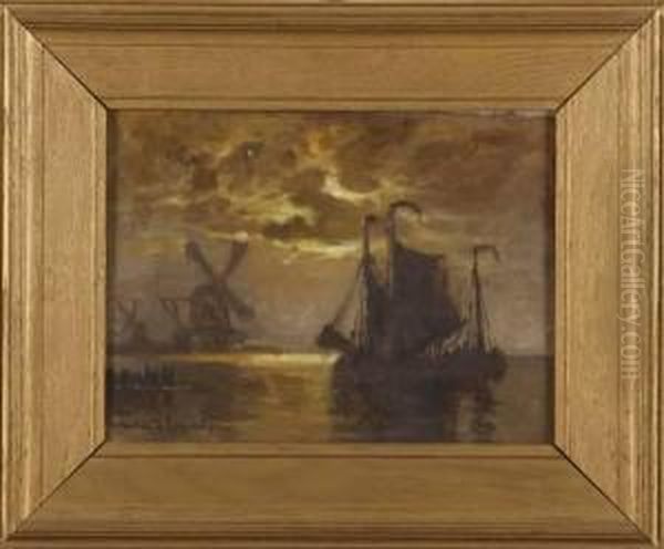 Moonlight On The Meuse, Holland Oil Painting by Walter Franklin Lansil