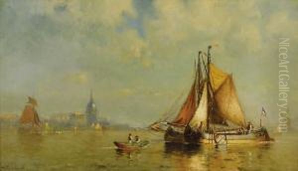 In Dordrecht Harbor, Holland Oil Painting by Walter Franklin Lansil