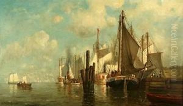 Boats In Harbor Oil Painting by Walter Franklin Lansil