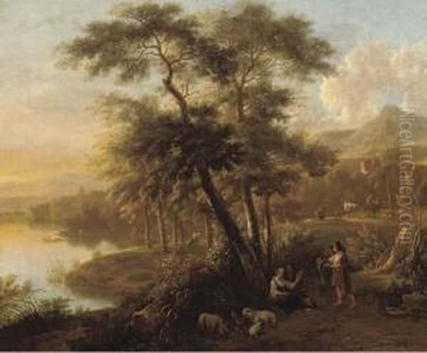 An Italianate Wooded Landscape With Peasants And Their Flockresting By A Path Oil Painting by Simon Mathurin Lantara