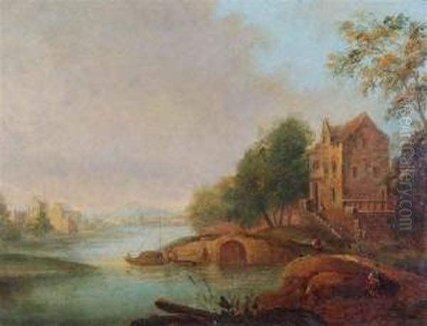 A Continental River Scene With Figures By A Grand House. Signed Oil Painting by Simon Mathurin Lantara